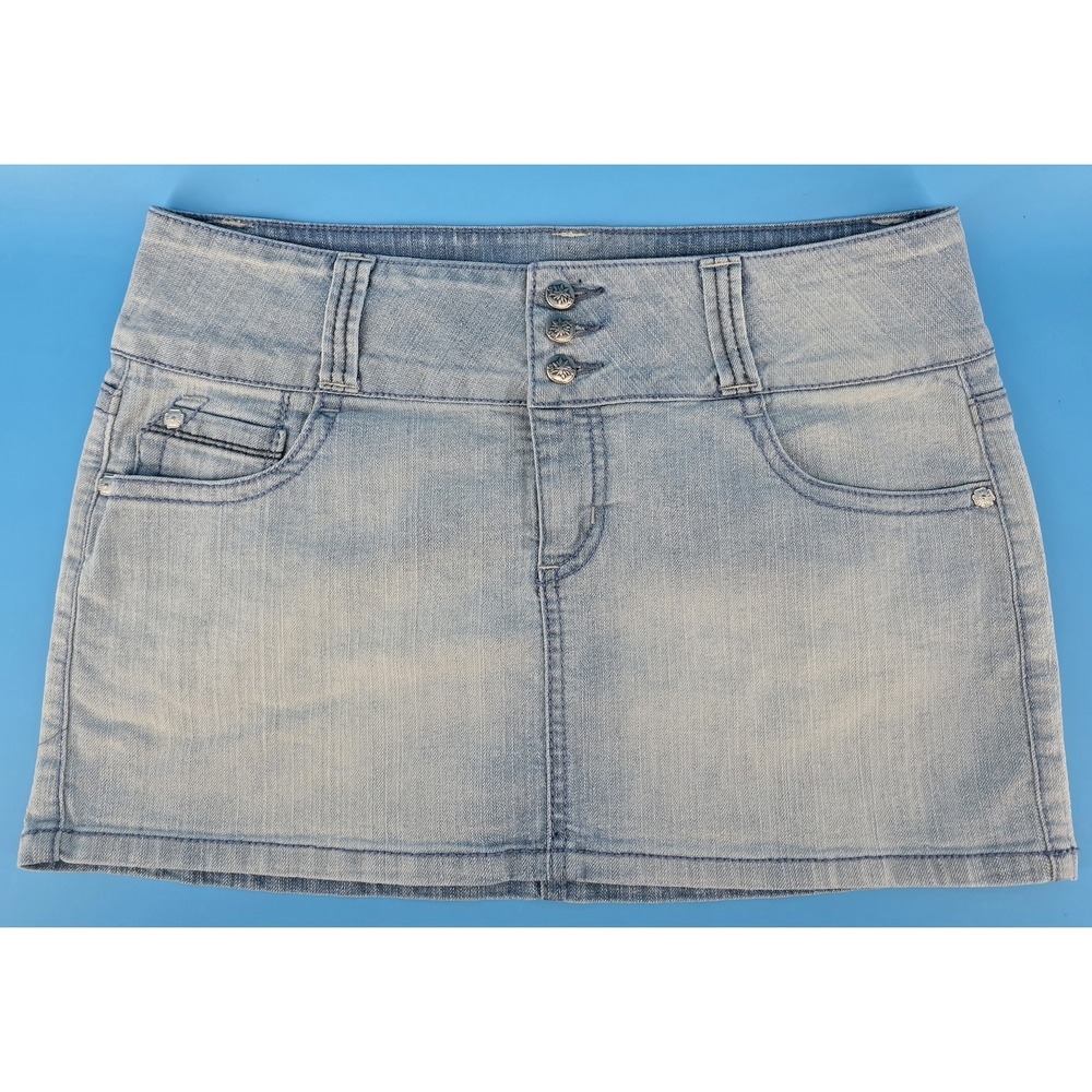 LEI Blue Denim Cut Off Micro Mini Skirt Juniors 9 Blue Stretch Festival‎ 32x12"